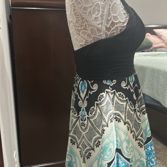 Sangria Halter Top Backless Gathered Waist, Satin Paisley Bottom Cocktail Dress - Picture 7 of 11